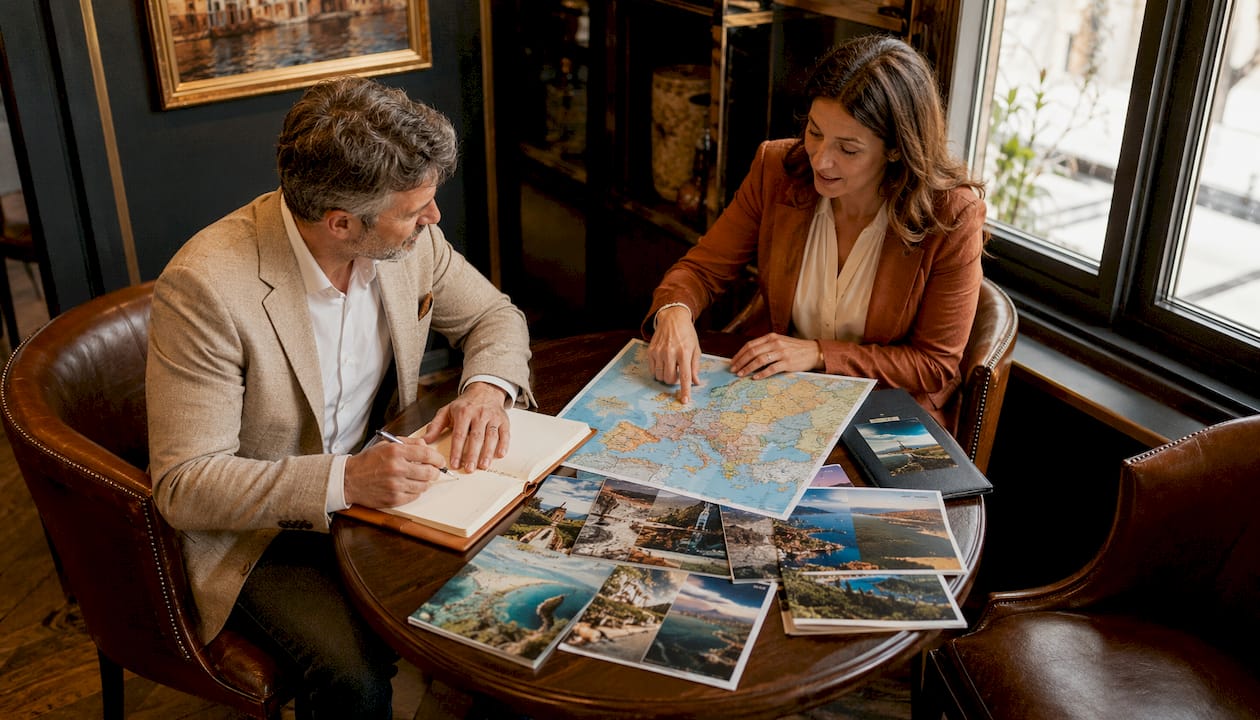 Traveler and guide discussing tour preferences