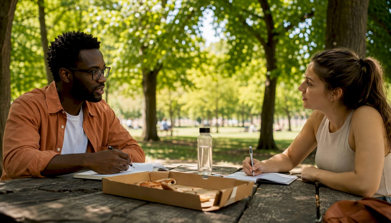 Writer interviewing client at café table