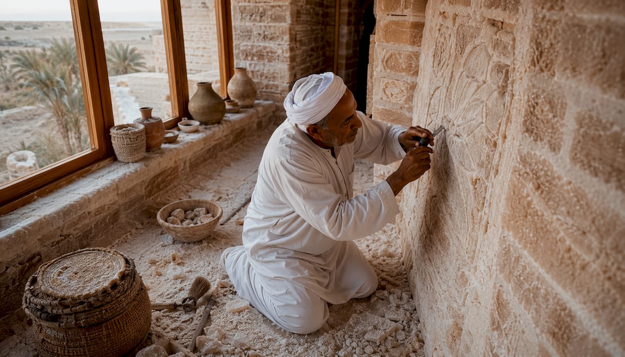 Artisan carving salt rock wall inside desert eco lodge