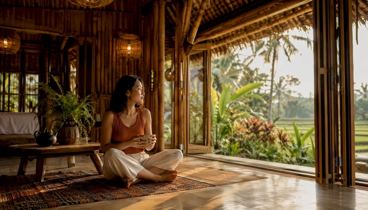 Woman inside bamboo eco lodge villa in Bali