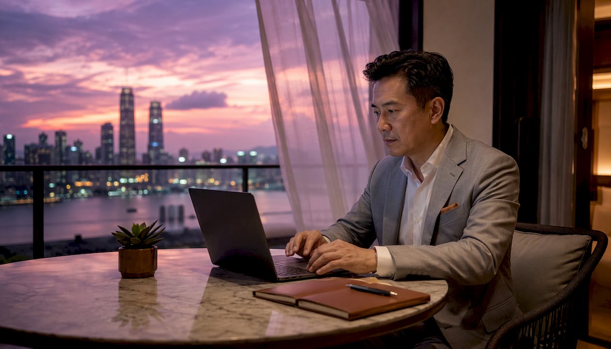 Businessman working in executive suite living room