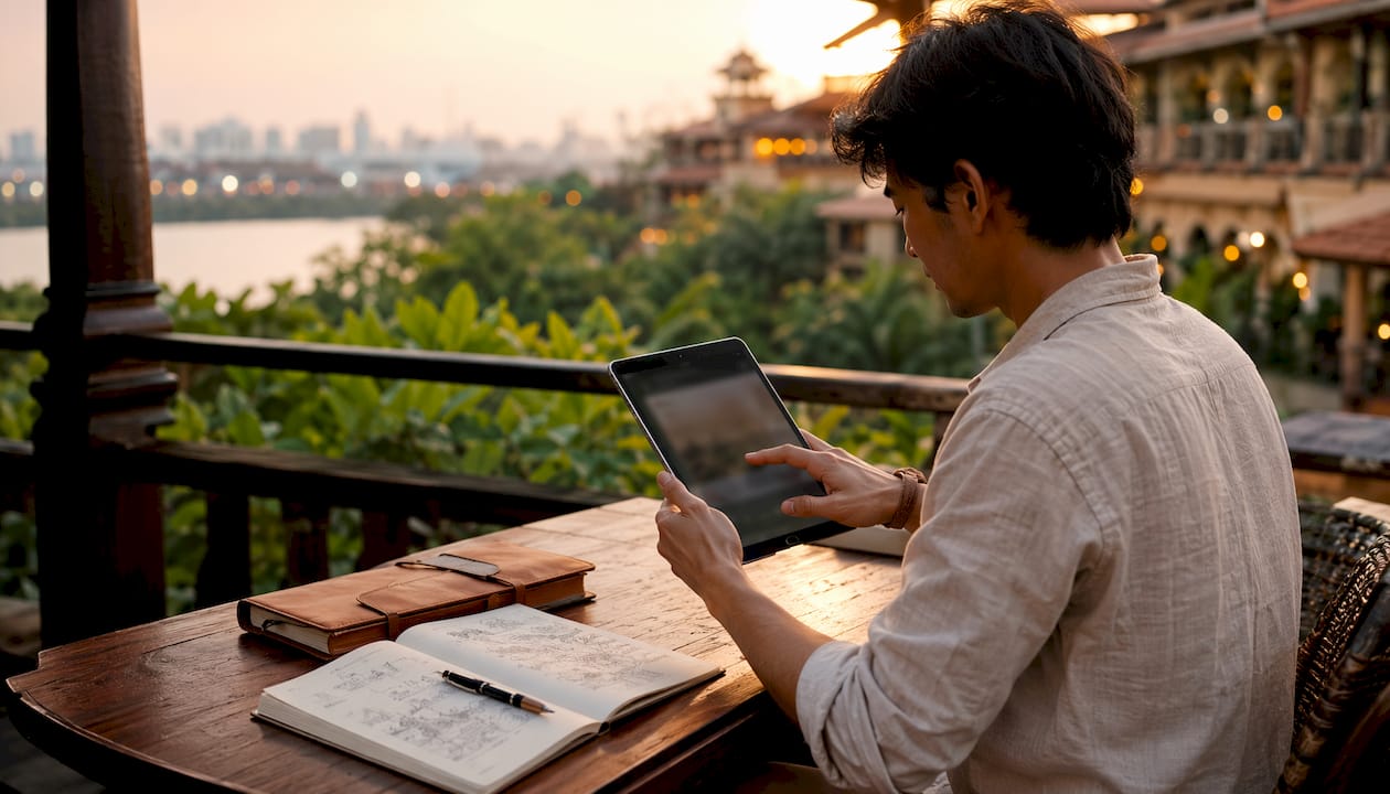 Hands using tablet for travel personalization app