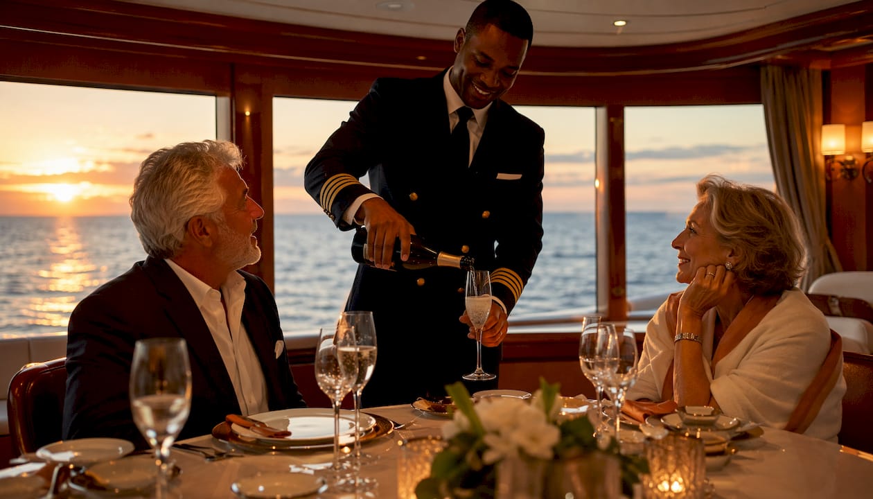 Crew member serving wine to luxury cruise guests