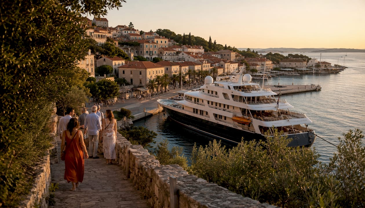Small luxury cruise ship at historic city port