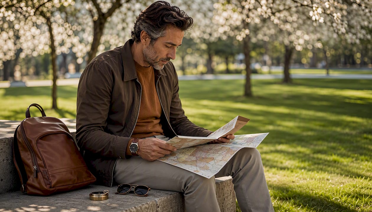 Hands holding map and travel brochure outdoors