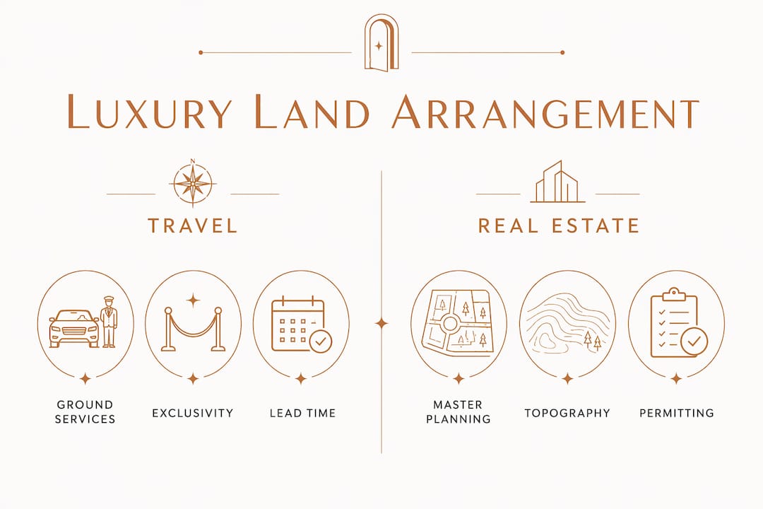 Infographic comparing luxury land arrangements in travel and real estate