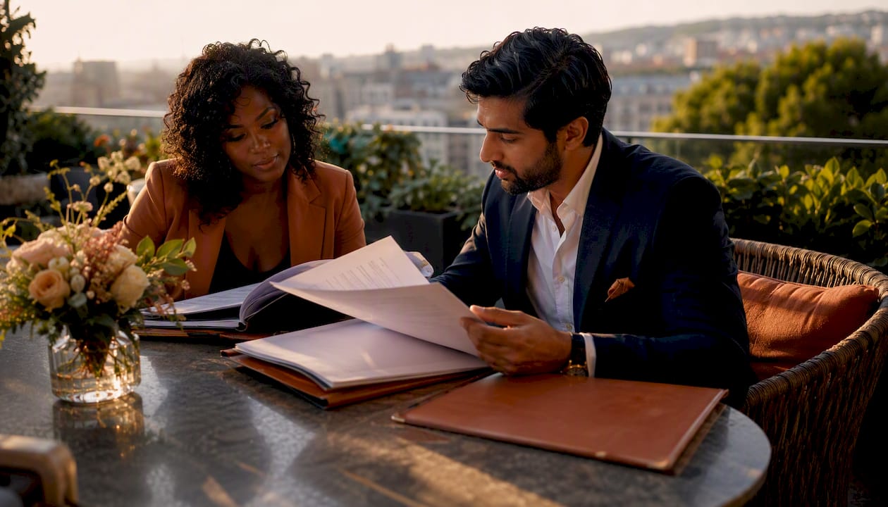 Professionals reviewing luxury club invitations
