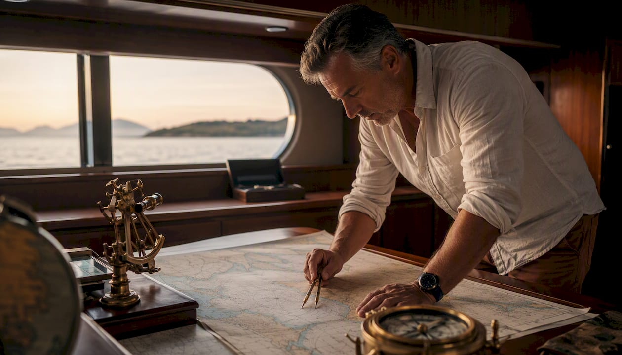 Captain analyzing marine weather charts
