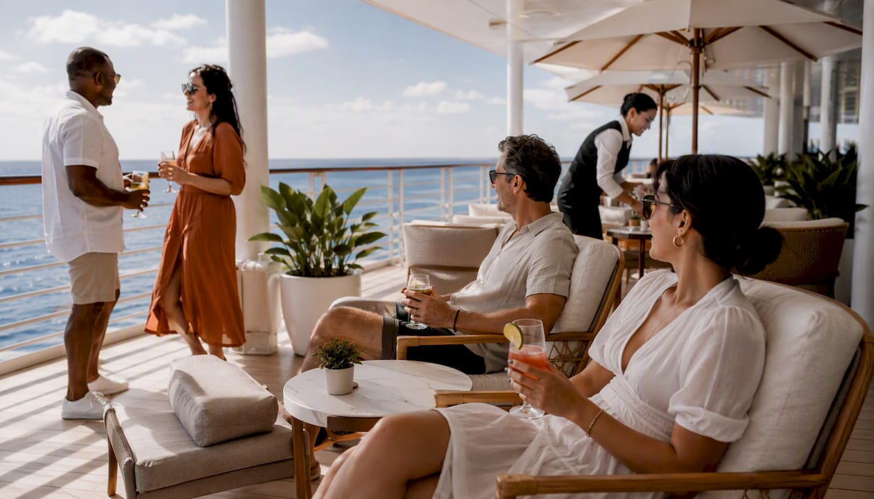 Passengers enjoying quiet cruise deck in shoulder season