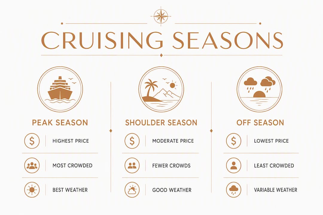Infographic comparing peak, shoulder, and off-season cruising