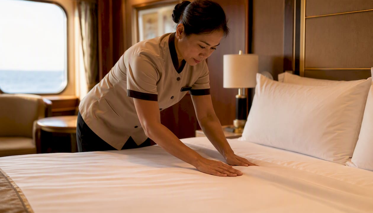 Crew member making cruise cabin bed