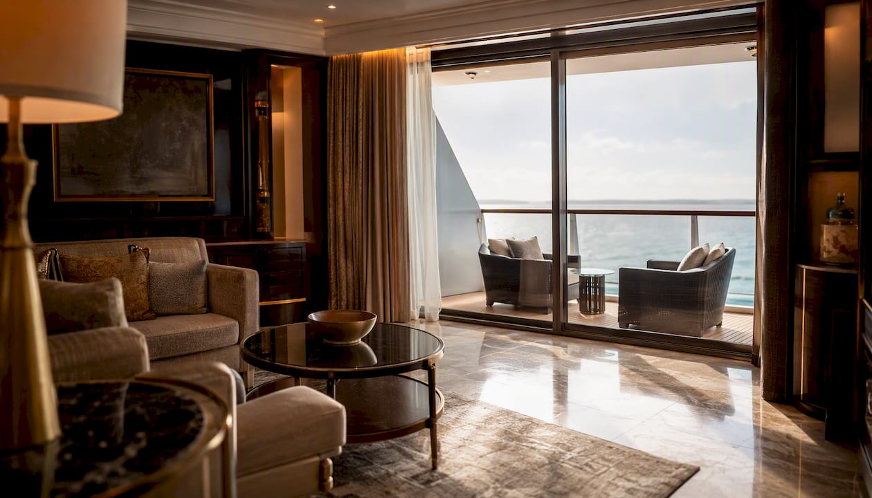 Interior lounge and verandah area of a suite