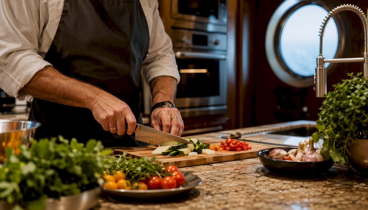 Hands chopping herbs in cruise kitchen