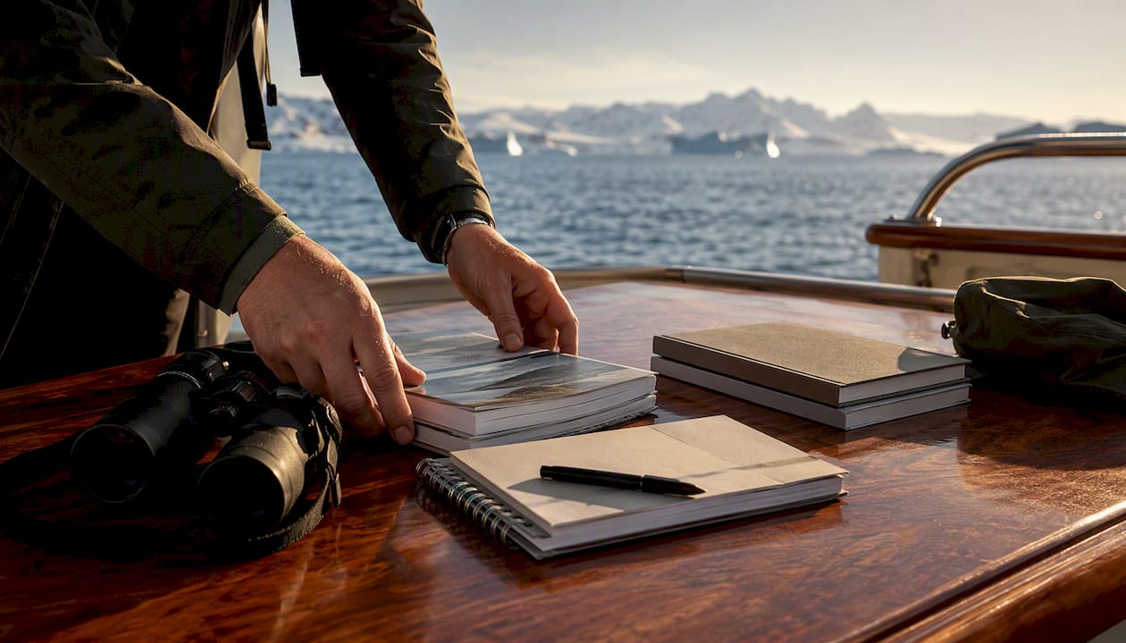 Hands arranging equipment on expedition ship deck