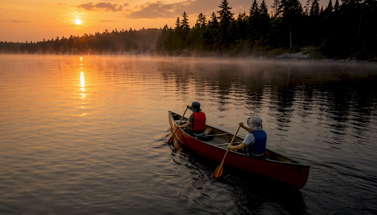 Children paddling canoe on quiet lake at dawn