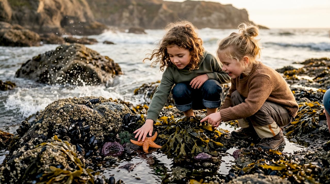 Children's hands exploring tide pools on rocky shore