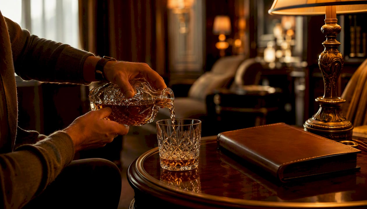 Hands pouring whisky in luxury hotel lounge