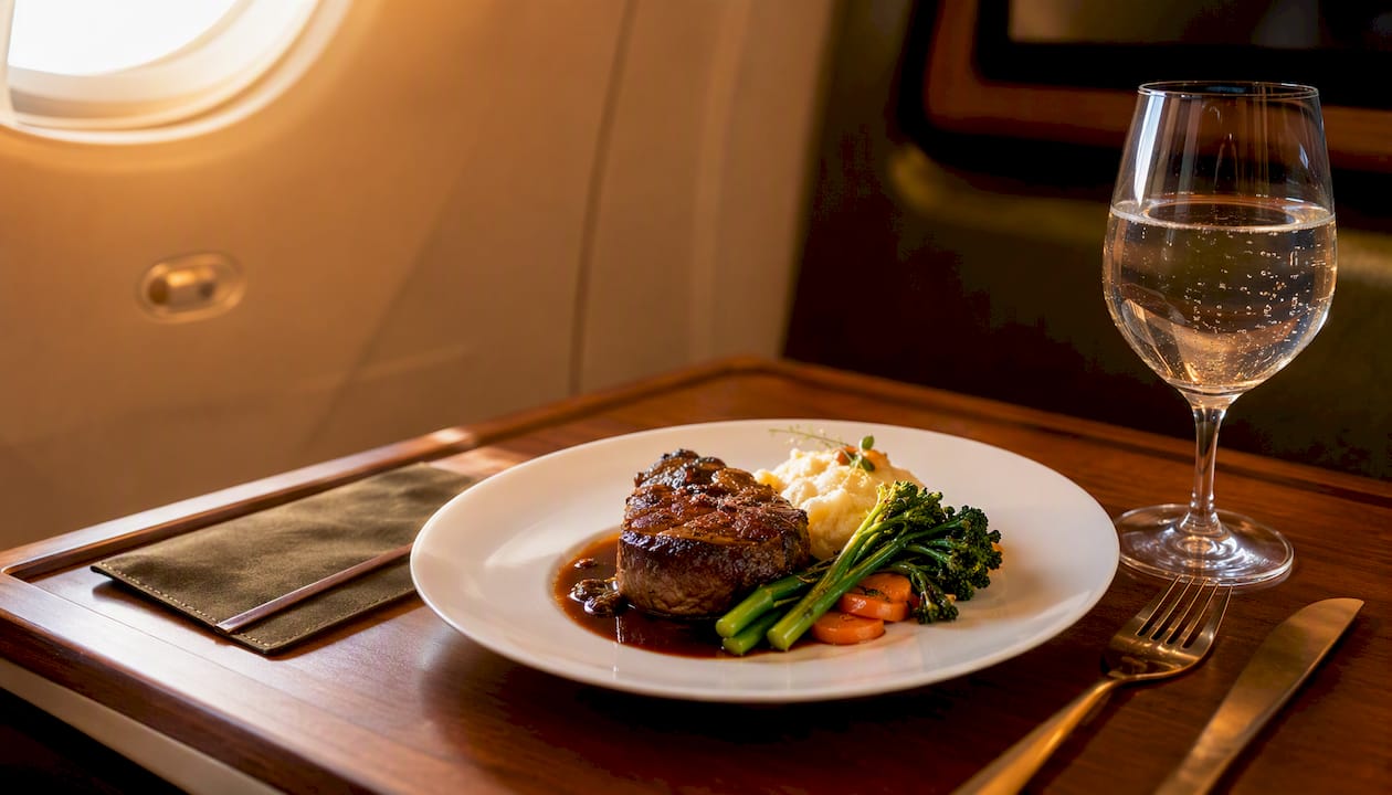 Gourmet business class in-flight meal tray