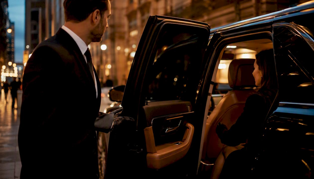 Luxury car door open chauffeur inviting guests