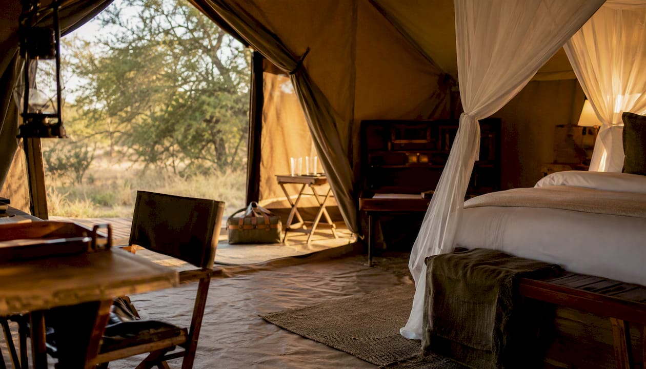 Interior of luxury mobile safari camp tent