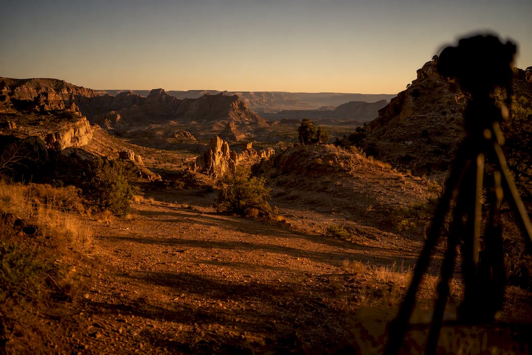 Golden hour light on remote landscape
