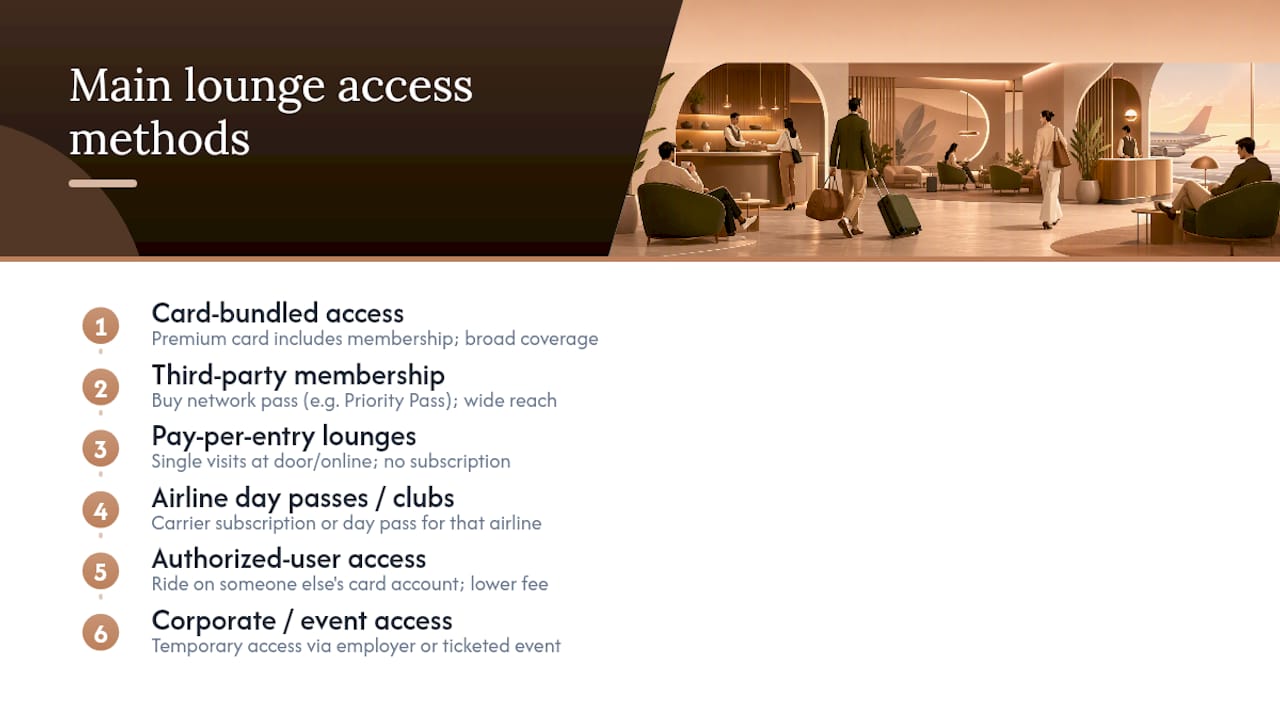 Diagram comparing six non-status lounge access methods