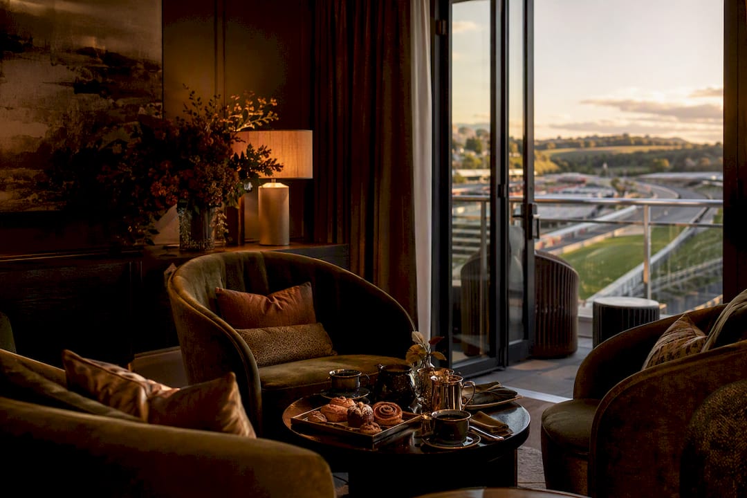 Elegant F1 hospitality suite interior with dining