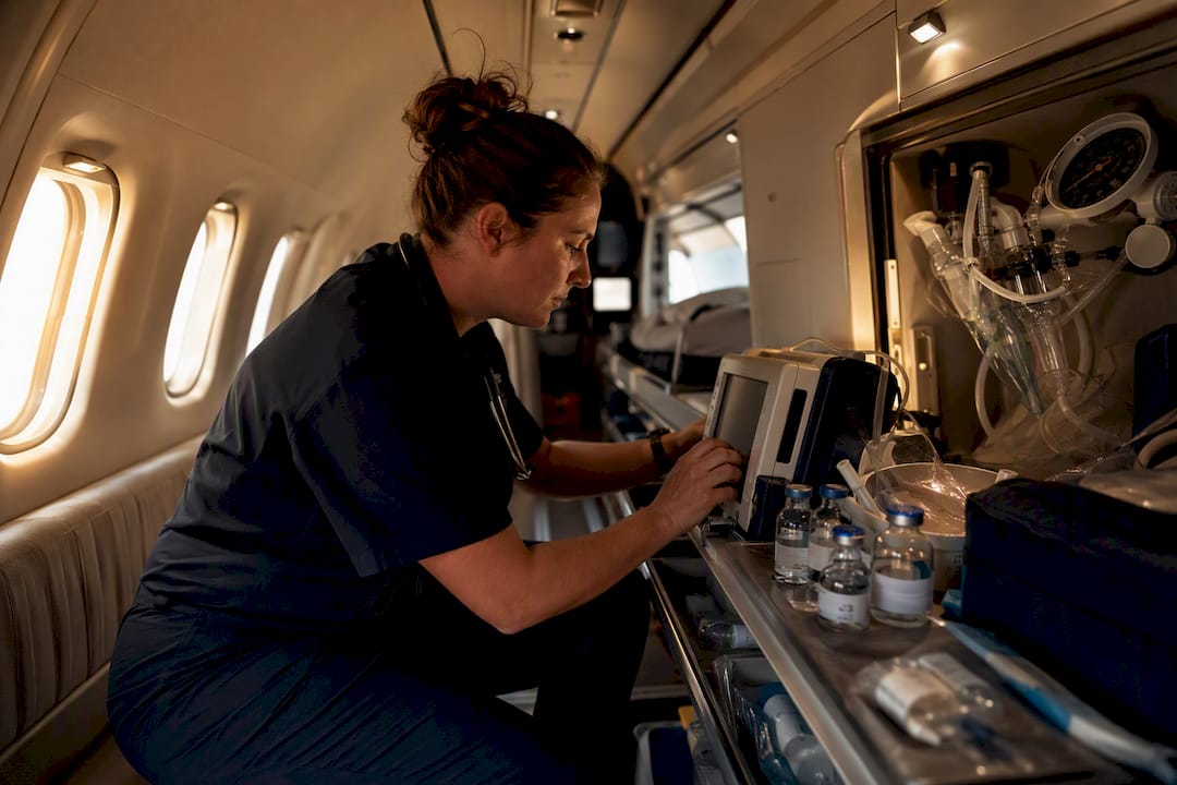 Flight nurse preparing patient medical equipment