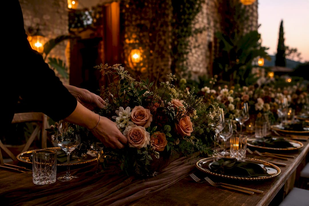 Hand arranging flowers on villa wedding table