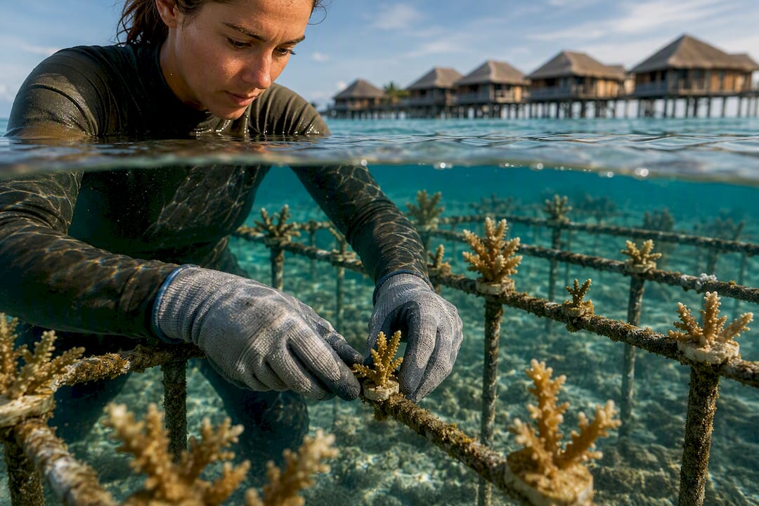 Marine biologist tending coral restoration frame