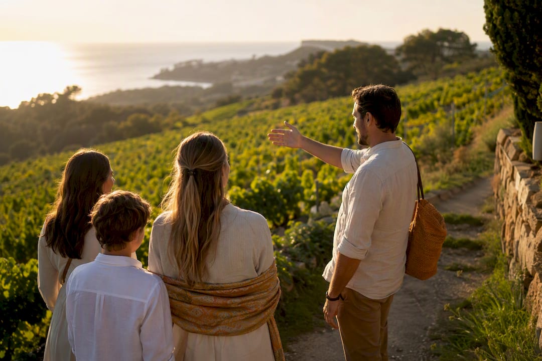 Guide leading travelers through a vineyard