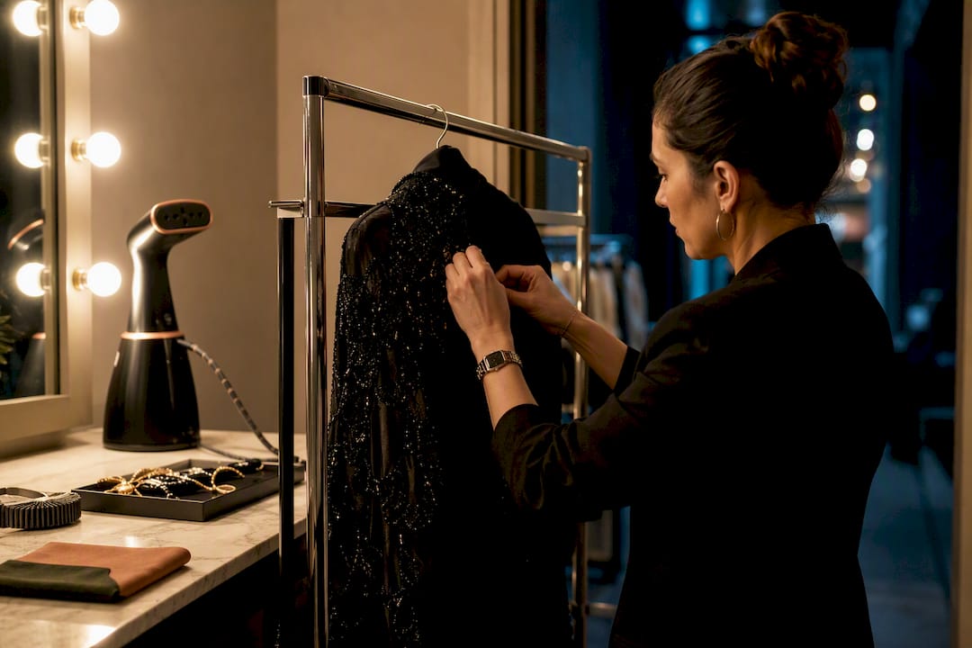 Stylist preparing garment backstage