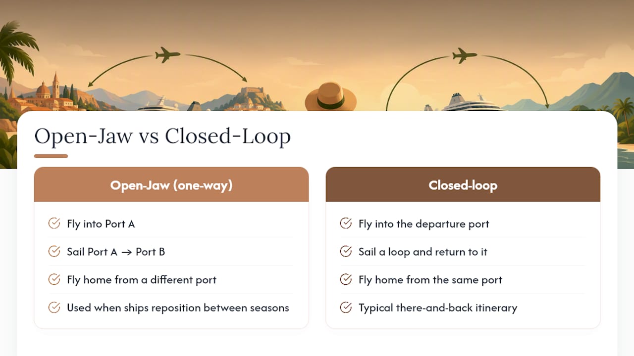 Open-jaw cruise route compared with loop