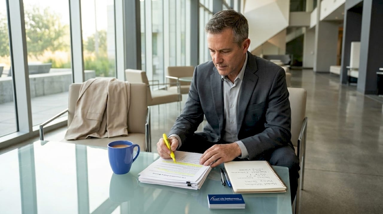 Man highlighting insurance policy paperwork at table