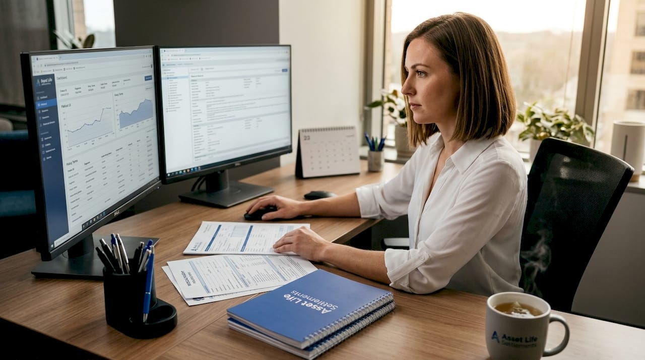 Underwriter reviewing records at workstation