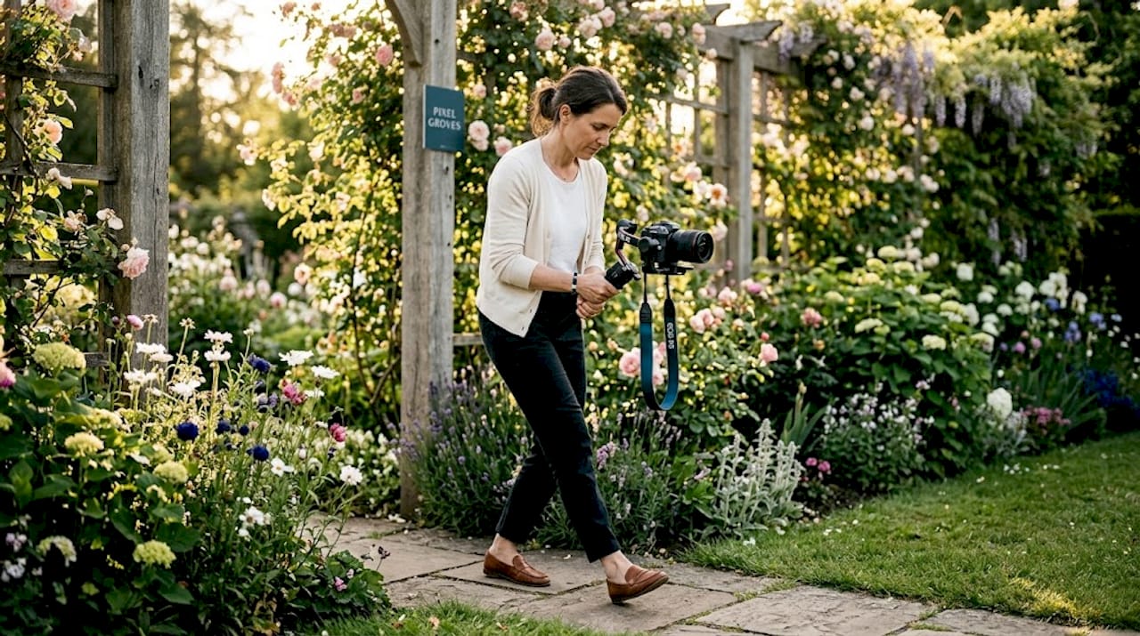 Videographer practicing gimbal stabilization outdoors