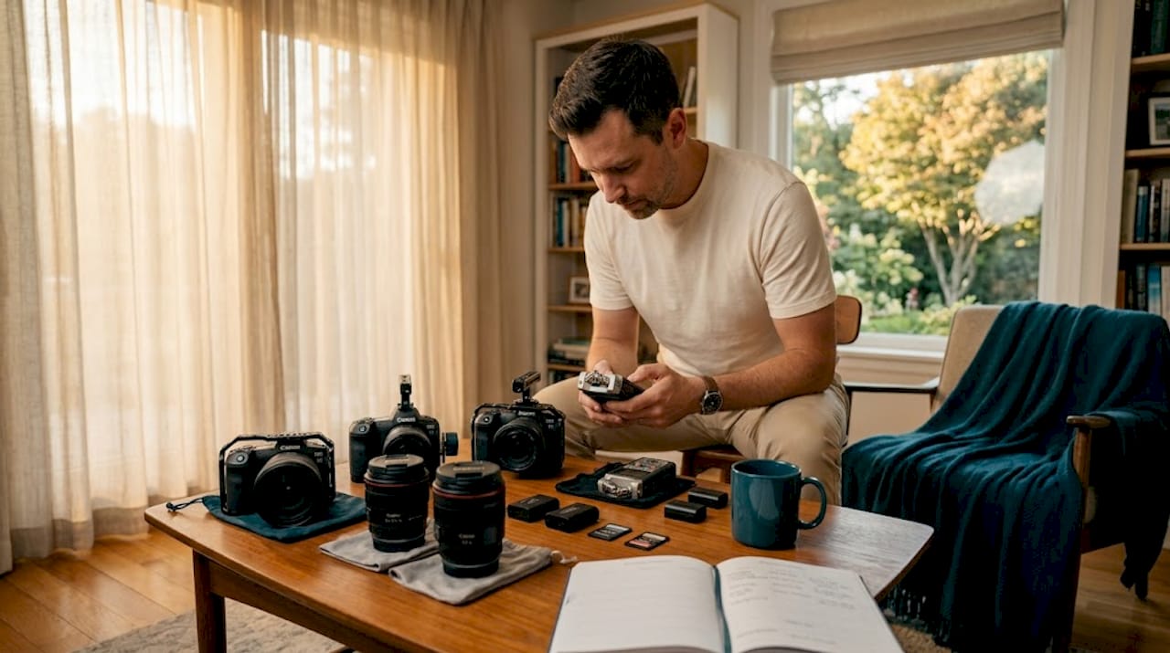 Videographer preparing camera and audio gear