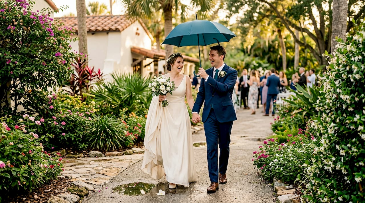 Florida wedding couple walking palm-lined path