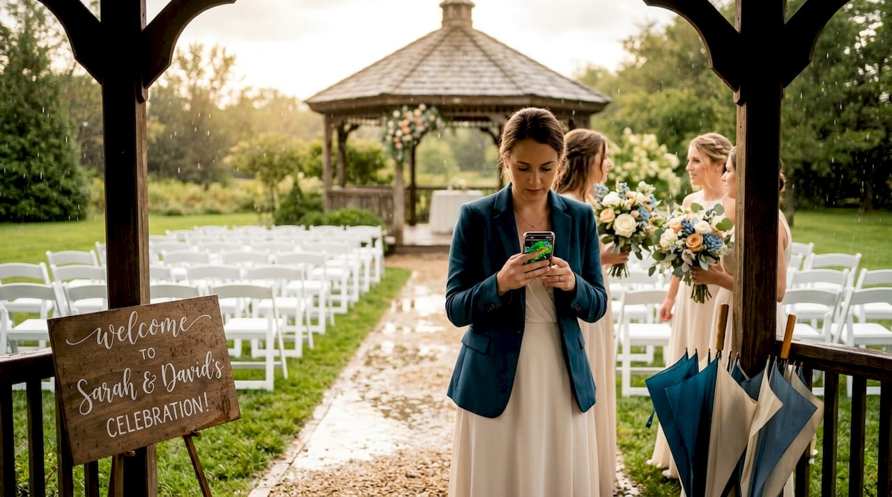 Coordinator checks rain radar, outdoor wedding delay