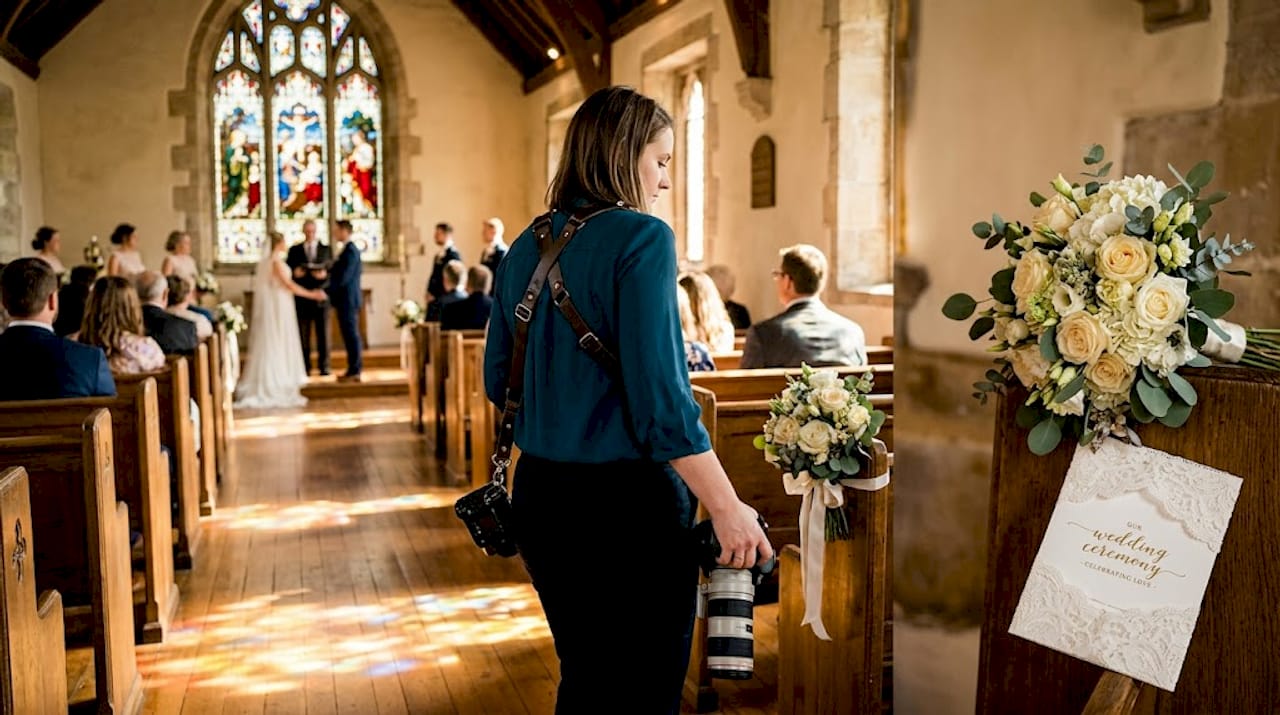 Photographer moving quietly along ceremony aisle