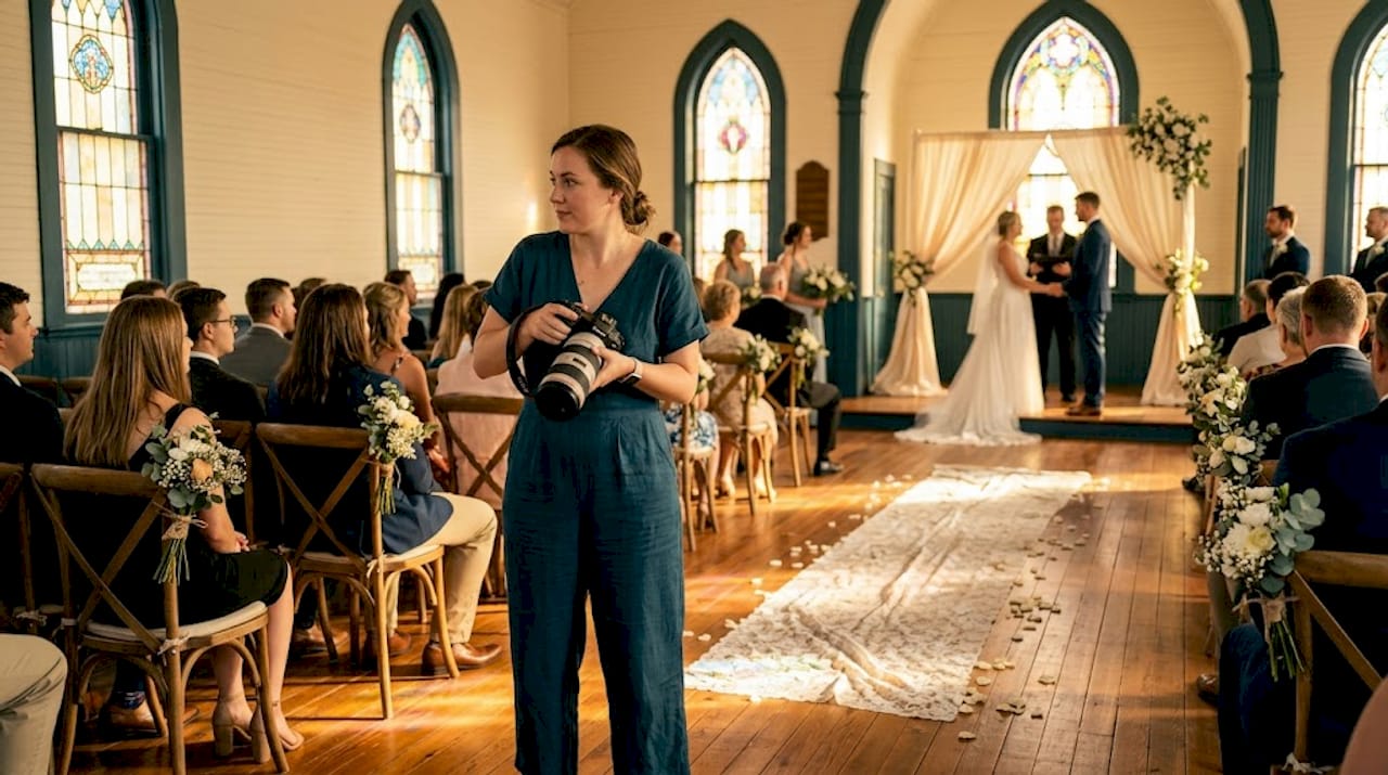 Wedding photographer capturing ceremony from aisle