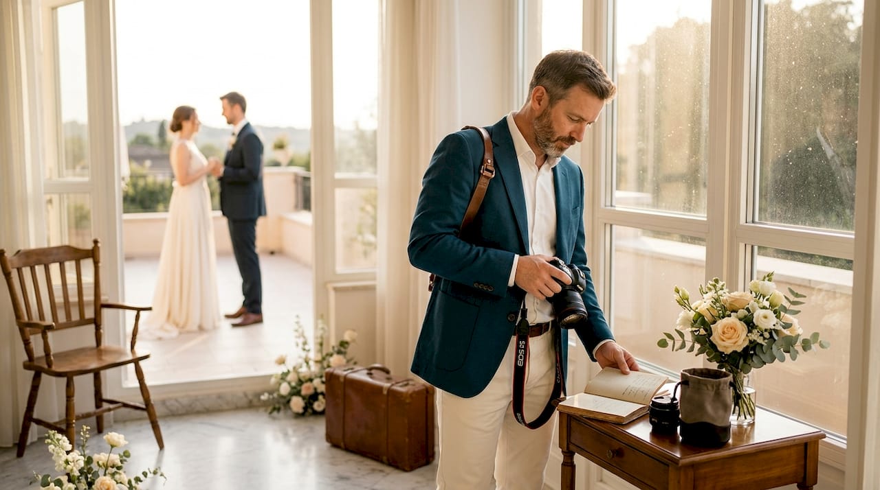 Photographer prepping for candid wedding moment