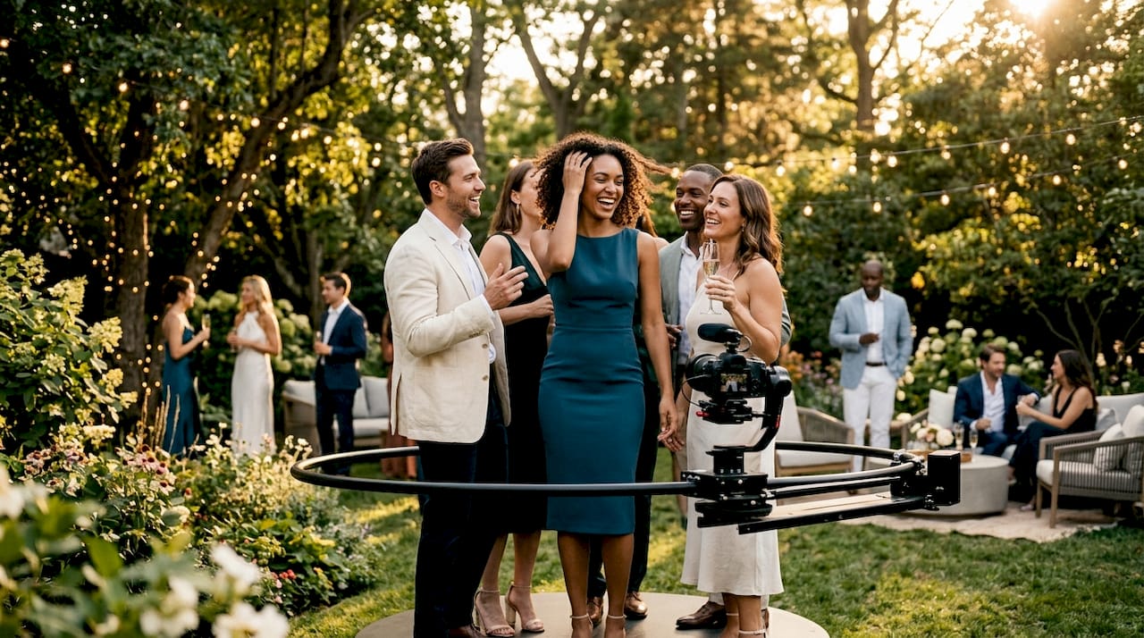 Guests using 360-degree wedding photobooth platform