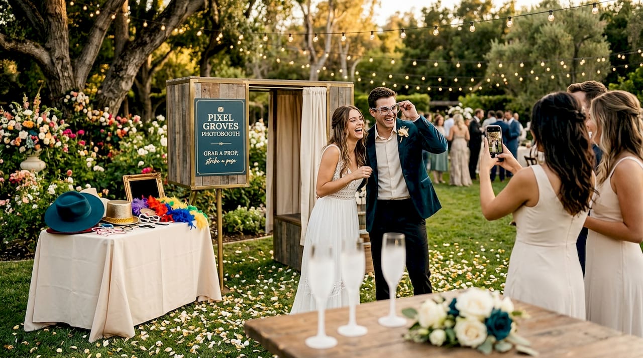 Wedding guests using photobooth with props at reception