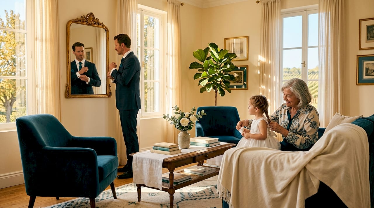Family gathers preparing for wedding photos