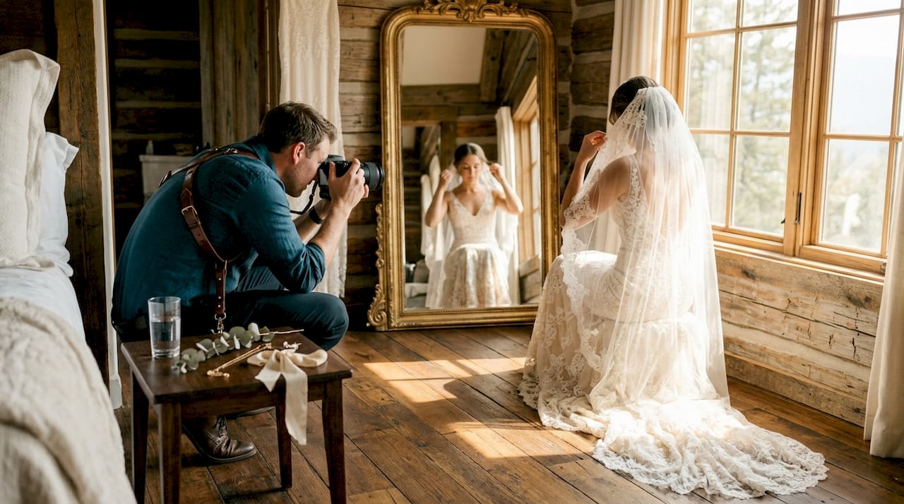 Photographer capturing bride adjusting veil