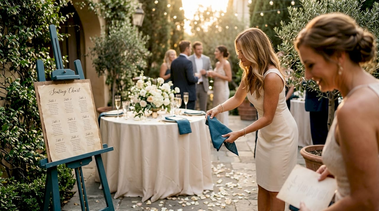 Wedding guests adjusting table details