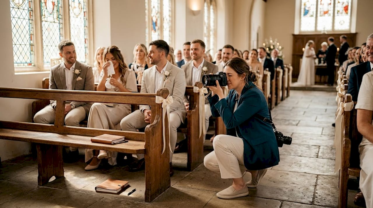 Photojournalist capturing candid wedding ceremony moment