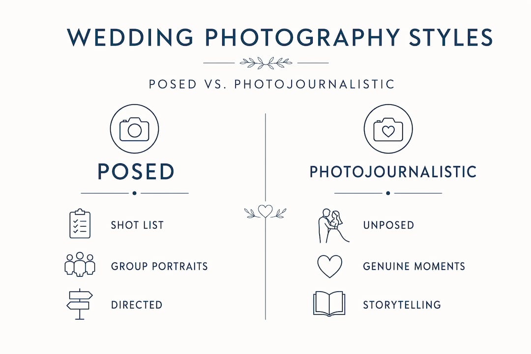 Infographic comparing posed and photojournalistic wedding photography