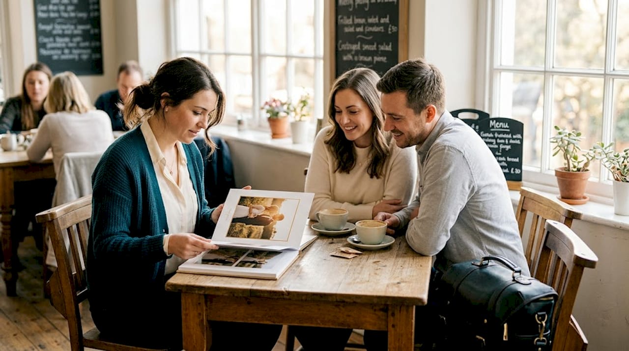 Wedding photographer meets clients at café